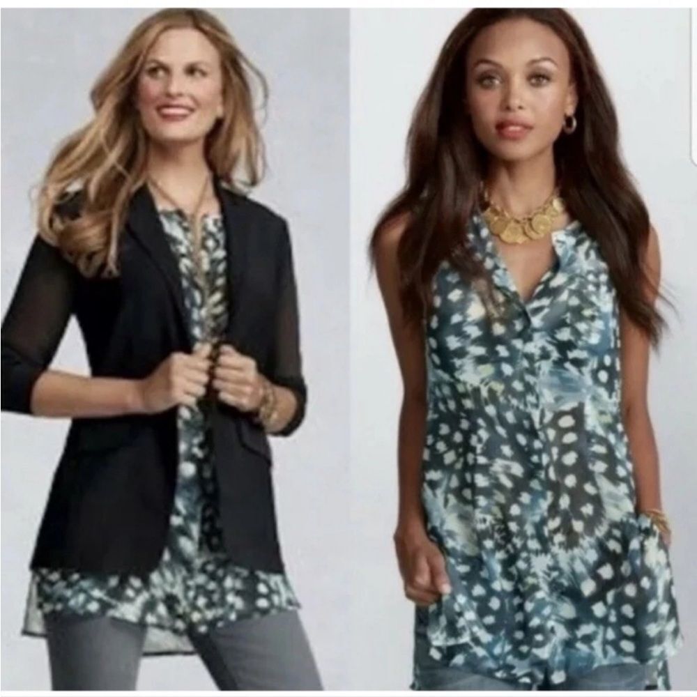 Cabi Women’s Avery Tunic Top Blue Abstract Print Sleeveless Button Up Blouse 416